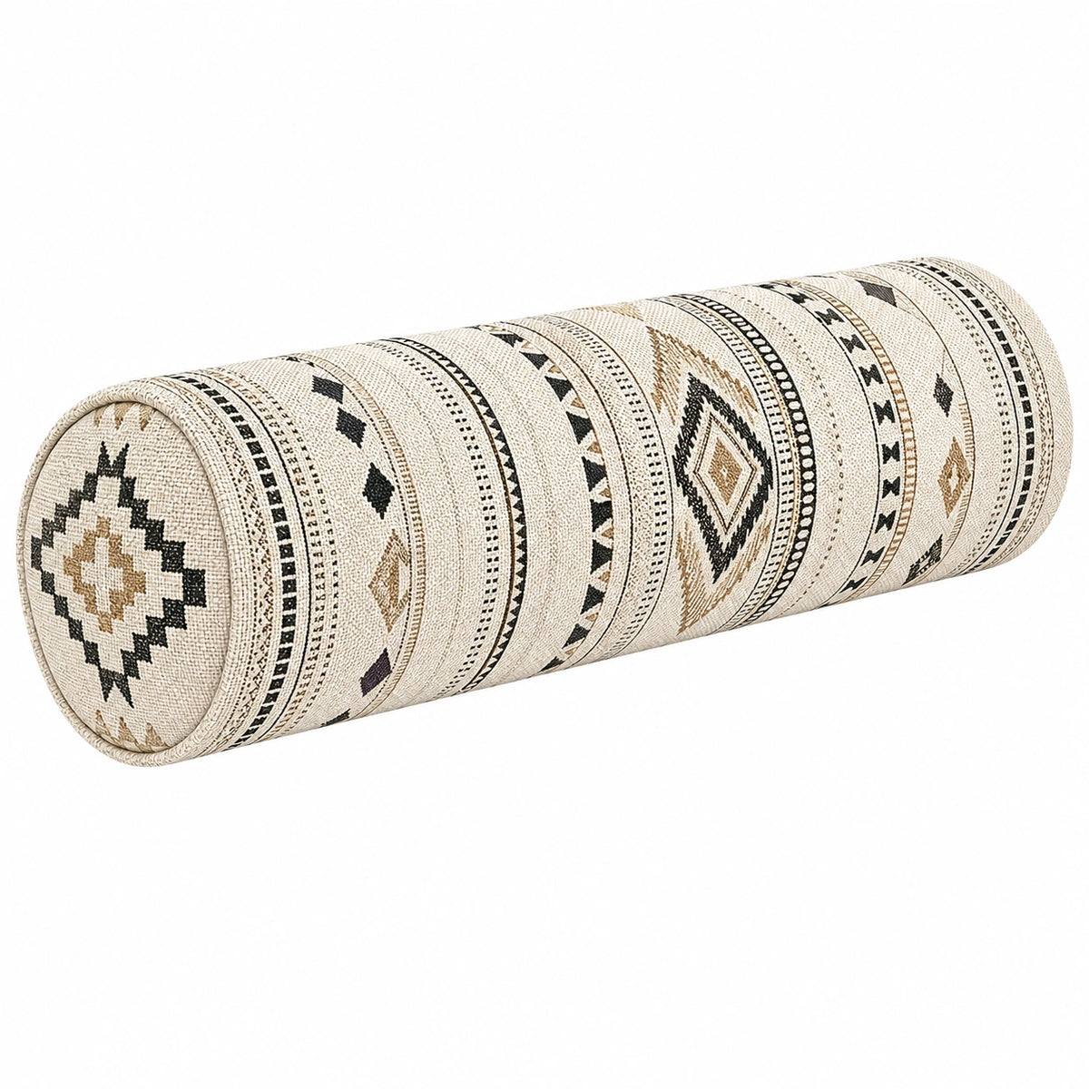 Cuscino cilindrico 15 x 45 cm in tessuto beige e nero con motivo geometrico decorativo