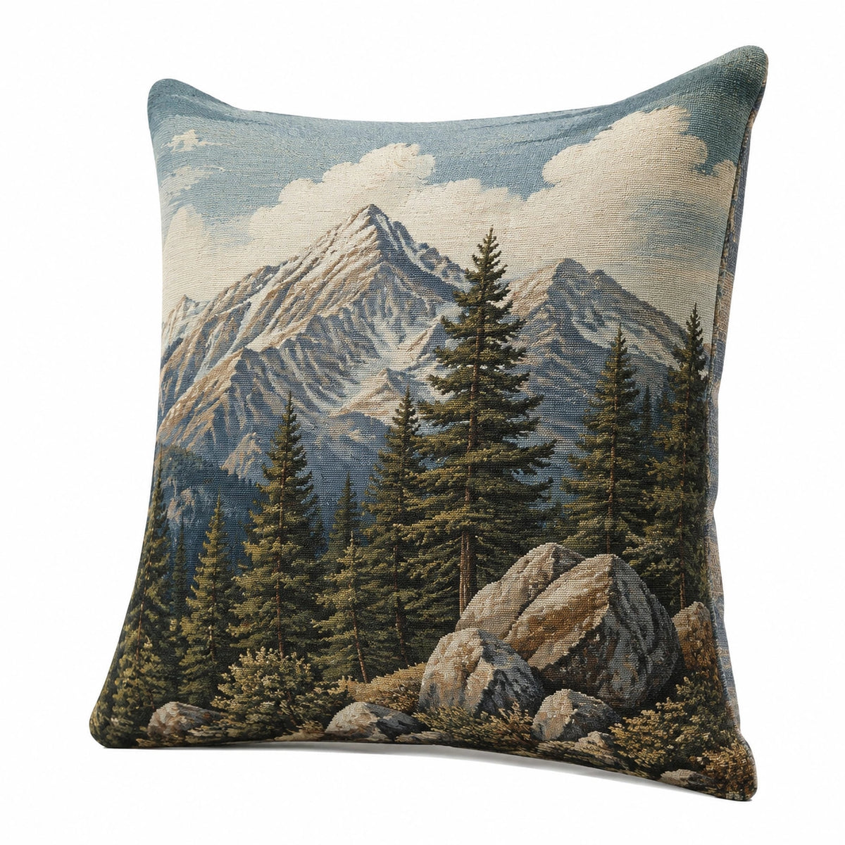 Cuscino decorativo quadrato 45 cm in tessuto blu e beige con paesaggio montano stile rustico