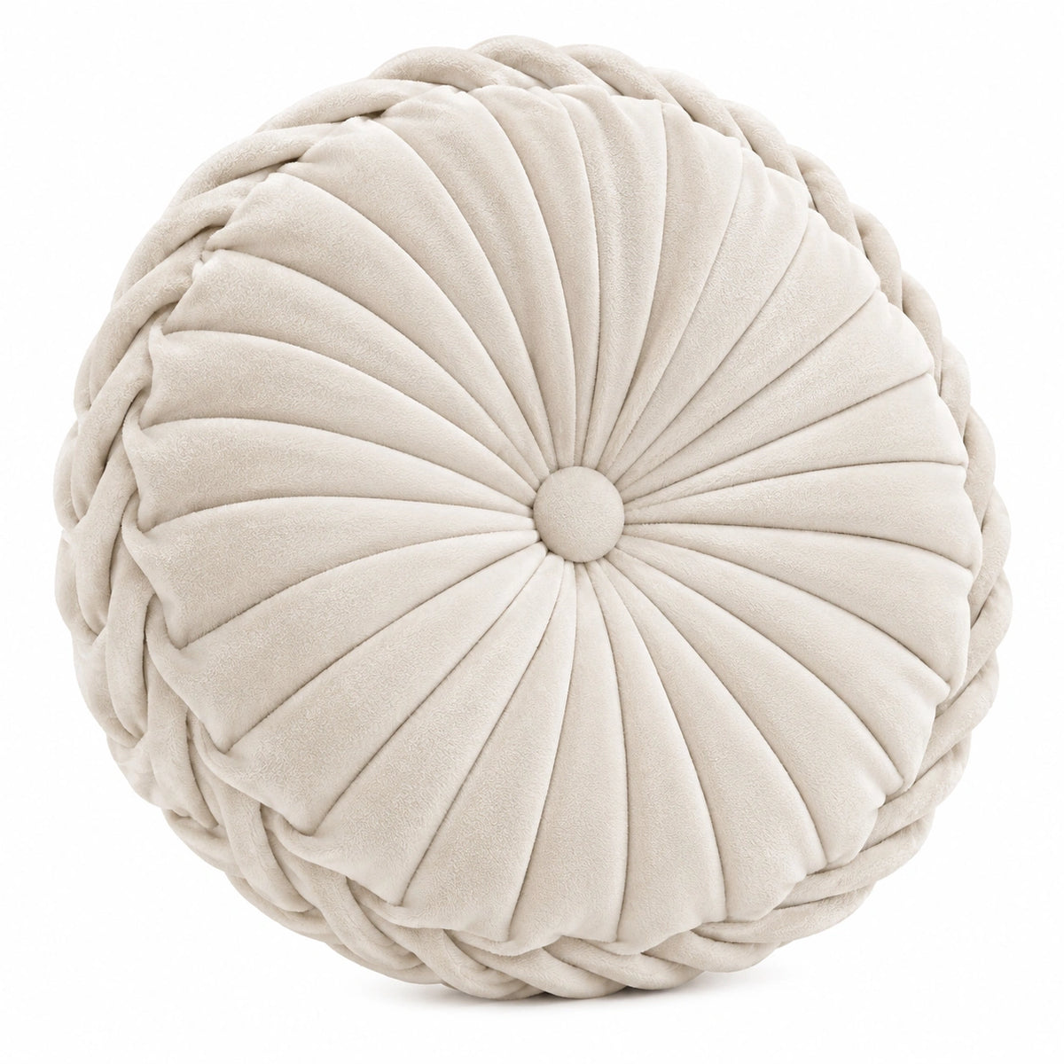 Cuscino decorativo rotondo diametro 45 cm in velluto beige con pieghe floreali