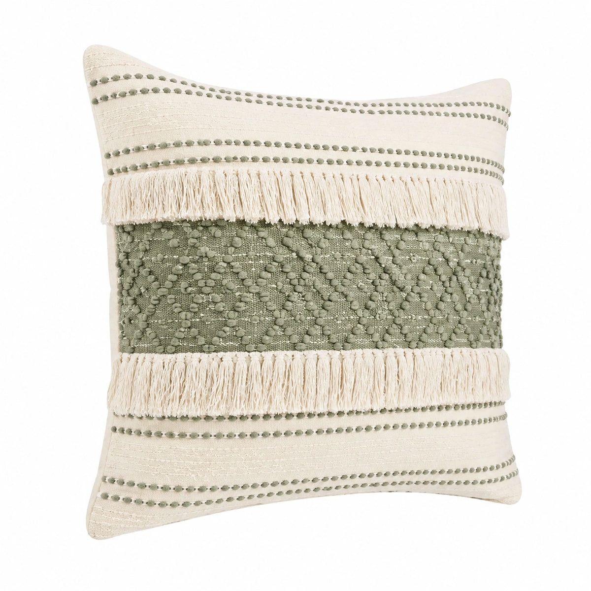 Cuscino decorativo quadrato 45 x 45 cm in tessuto beige e verde con frange stile boho