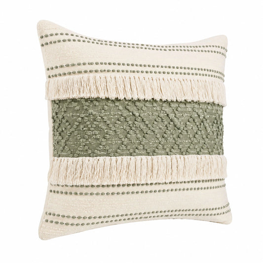 Cuscino decorativo quadrato 45 x 45 cm in tessuto beige e verde con frange stile boho