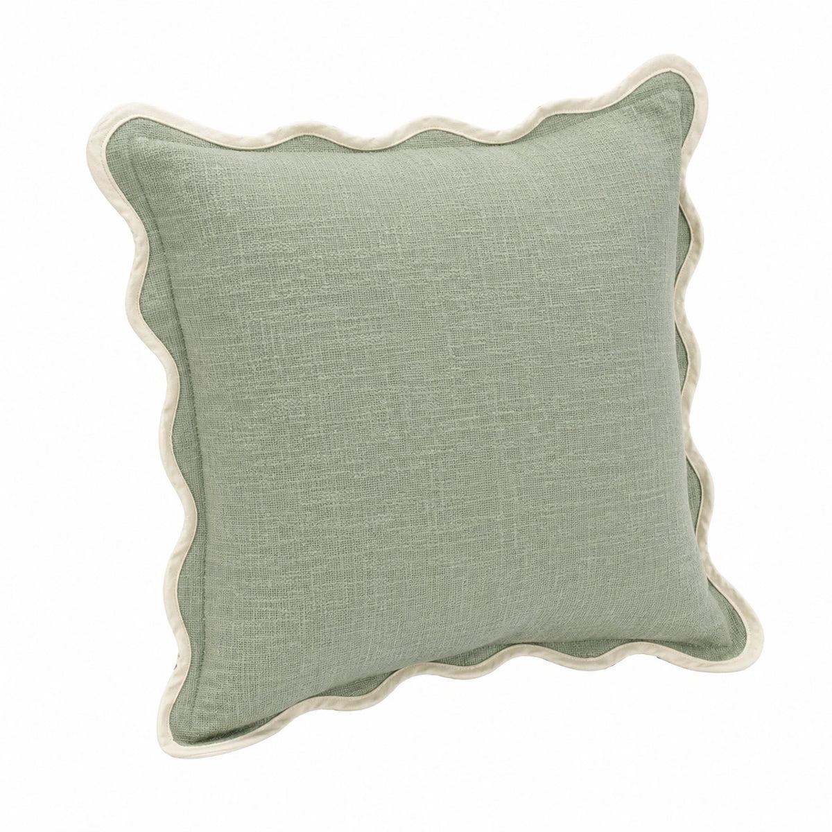 Cuscino decorativo quadrato 45 cm in tessuto verde salvia con bordo ondulato