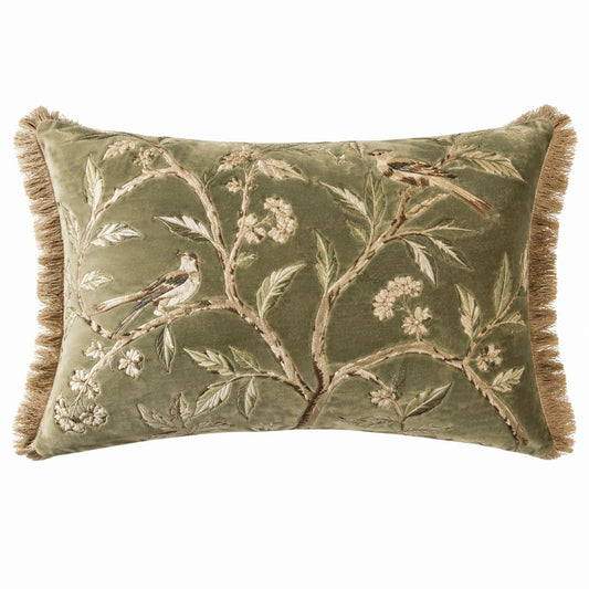 Cuscino decorativo 50 x 30 cm in velluto verde oliva con ricamo uccelli e frange