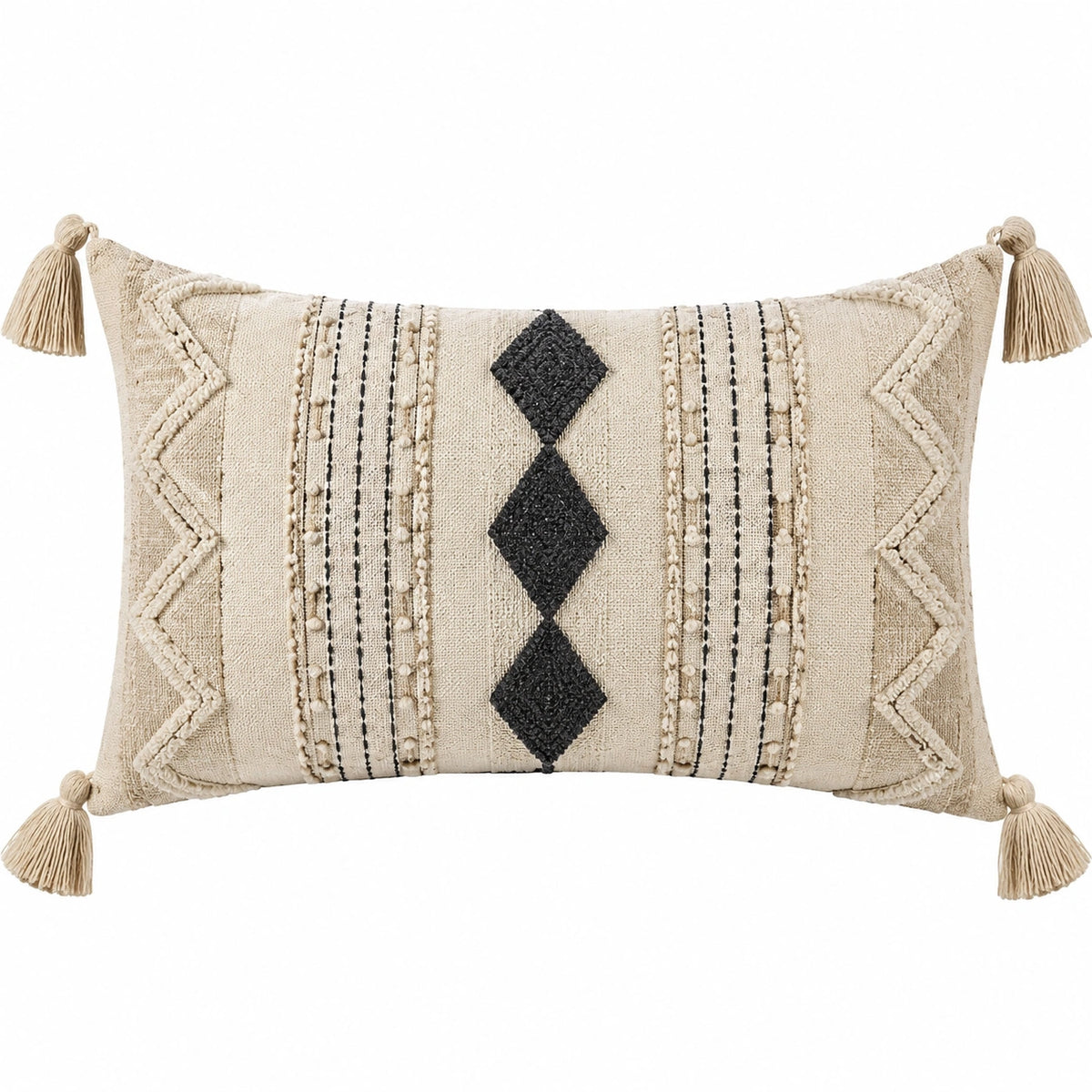 Cuscino decorativo rettangolare 50 x 30 cm in tessuto beige e nero con nappe stile boho