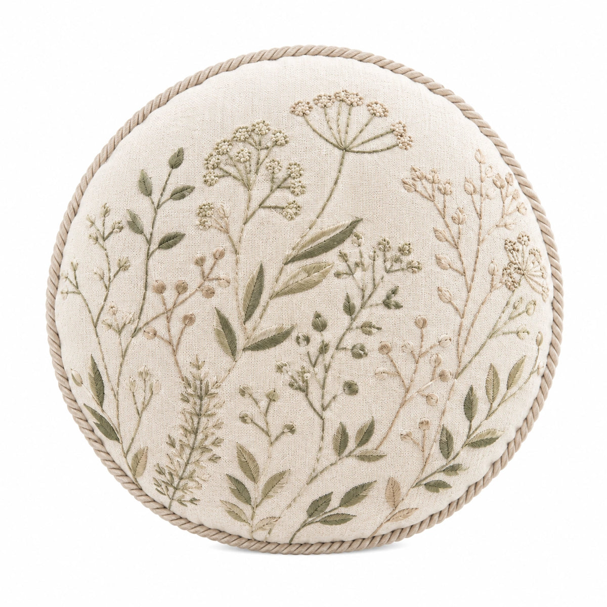 Cuscino decorativo rotondo 45 cm in tessuto beige ricamato floreale stile botanico