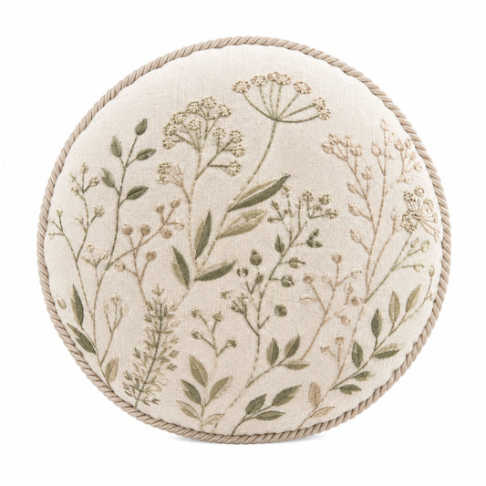 Cuscino decorativo rotondo 45 cm in tessuto beige ricamato floreale stile botanico